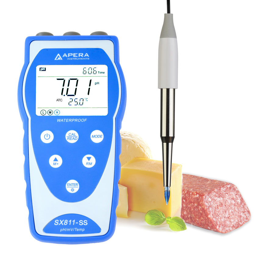 Medidor portátil de pH SX811-SS para alimentos y productos lácteos, equipado con sonda de lanza de acero inoxidable LanSen Food-Grade, anti-contaminación.